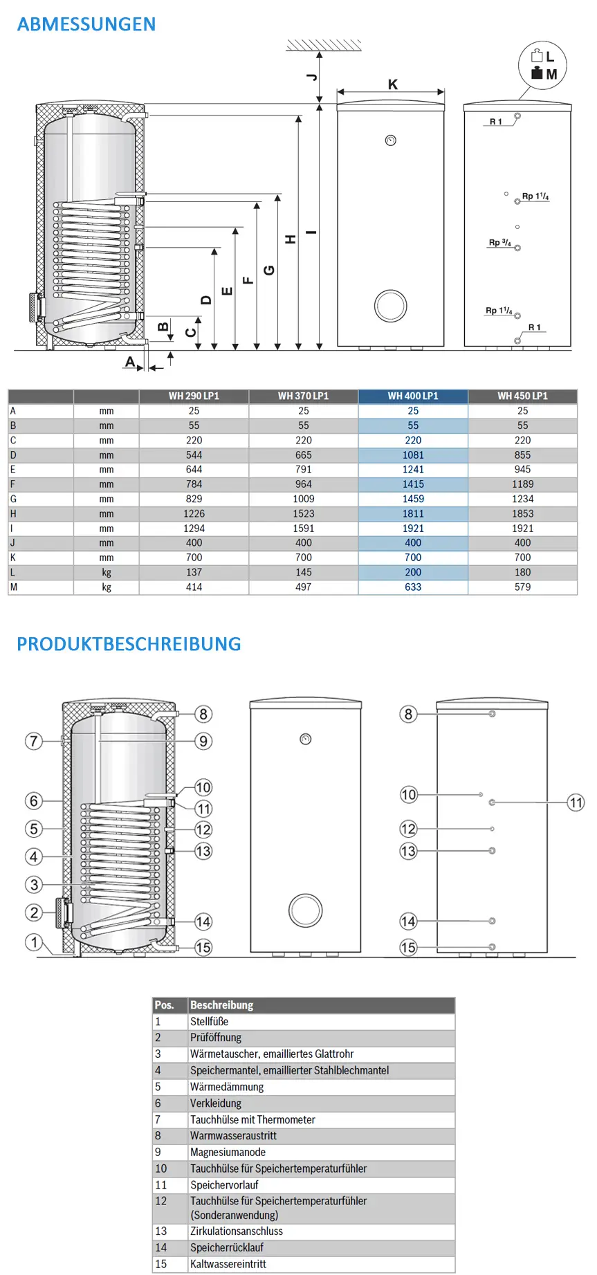 Wärmepumpenspeicher mit Anschlussmöglichkeiten und technischen Details. Abmessungen und Komponenten sind in einer schematischen Darstellung aufgeführt. Hersteller Bosch.